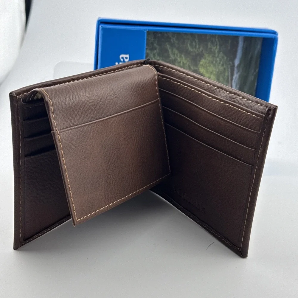 Columbia Men's Leather Wallet brown bifold RFID Billfoldw/ Logo NIB